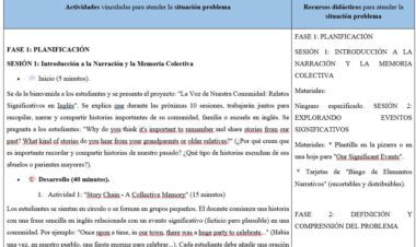 Un plan de clase con pantalla dividida en español e inglés en el que se detallan las actividades y los materiales para enseñar narración y memoria colectiva, incluidos los objetivos de la sesión, el calendario y ejemplos de preguntas de reflexión para los alumnos.