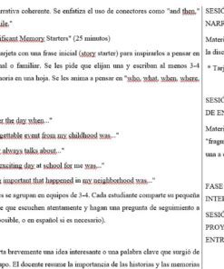 Captura de pantalla de una guía didáctica en español en la que se detallan actividades para el aula sobre narración de cuentos, memoria y técnicas de entrevista, con objetivos de sesión, indicaciones y secciones de debate organizadas en un formato de dos columnas.