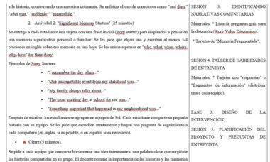 Captura de pantalla de una guía didáctica en español en la que se detallan actividades para el aula sobre narración de cuentos, memoria y técnicas de entrevista, con objetivos de sesión, indicaciones y secciones de debate organizadas en un formato de dos columnas.
