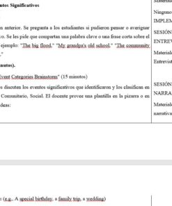 Captura de pantalla de un plan de clase en español e inglés. Enumera las actividades de la sesión sobre acontecimientos significativos, incluida la lluvia de ideas, la clasificación por grupos y ejemplos como 