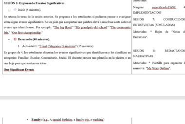 Captura de pantalla de un plan de clase en español e inglés. Enumera las actividades de la sesión sobre acontecimientos significativos, incluida la lluvia de ideas, la clasificación por grupos y ejemplos como "La gran inundación" y "Nuestro primer campeonato". Algunos textos están resaltados en rojo.
