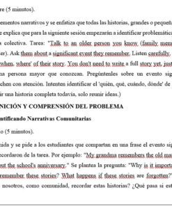 Captura de pantalla de un documento educativo en español con texto resaltado y anotaciones manuscritas, centrado en la identificación de elementos narrativos como acontecimientos significativos, personajes y partes de la historia.