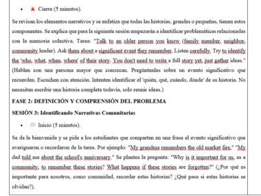 Captura de pantalla de un documento educativo en español con texto resaltado y anotaciones manuscritas, centrado en la identificación de elementos narrativos como acontecimientos significativos, personajes y partes de la historia.