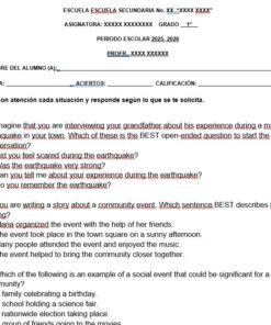Hoja de ejercicios escolares en español e inglés con preguntas sobre cómo entrevistar a un abuelo acerca de un terremoto y cómo escribir una historia sobre un acontecimiento comunitario, con opciones de respuesta múltiple para cada pregunta.