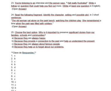 Captura de pantalla de un examen de inglés tipo test con las preguntas 23 a 25, preguntas de respuesta corta, un pasaje de lectura y una clave de respuestas con las opciones correctas marcadas con letras para cada pregunta.