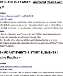 Captura de pantalla de un plan de clase bilingüe. Incluye enlaces a historias animadas para leer en voz alta y vídeos de práctica narrativa, con descripciones en español y en inglés e indicaciones para el debate y la reflexión en clase.
