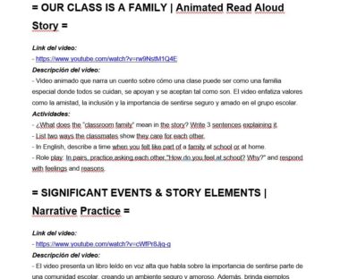 Captura de pantalla de un plan de clase bilingüe. Incluye enlaces a historias animadas para leer en voz alta y vídeos de práctica narrativa, con descripciones en español y en inglés e indicaciones para el debate y la reflexión en clase.