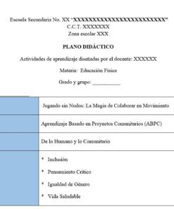 Tabla de un plan de clase de Educación Física, en la que se enumeran las secciones: Proyecto (