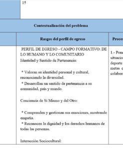 Una tabla en español esboza un plan de lección para la interacción motriz, enumerando el contenido, los resultados esperados y el proceso de desarrollo, incluyendo la identidad, la pertenencia, la empatía y la consecución de objetivos a través del trabajo en equipo en los deportes.