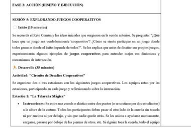 Plan de clase en español que detalla la "Sesión 5: Explorando los juegos cooperativos". Describe actividades e instrucciones para organizar a los alumnos en equipos para completar retos cooperativos.