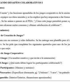 Plan de clase en español que detalla el diseño de juegos cooperativos. Enumera la estructura de la sesión, incluida una introducción, una actividad de grupo y una plantilla de muestra para crear juegos cooperativos, con viñetas y puntos destacados en naranja.
