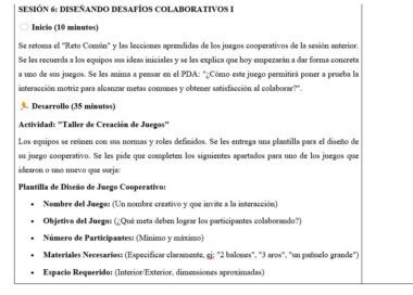 Plan de clase en español que detalla el diseño de juegos cooperativos. Enumera la estructura de la sesión, incluida una introducción, una actividad de grupo y una plantilla de muestra para crear juegos cooperativos, con viñetas y puntos destacados en naranja.