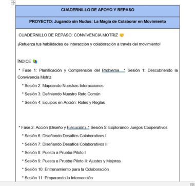 Captura de pantalla de un índice de cuadernillo educativo en español titulado "Cuadernillo de Apoyo y Repaso". En él se esbozan sesiones sobre movimiento colaborativo, roles y trabajo en equipo en diversas actividades interactivas.