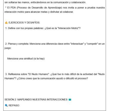Hoja de trabajo en español con tres ejercicios sobre "Interacción Motriz": definir el término, comparar "interactuar" y "competir", y reflexionar sobre una actividad de grupo llamada "El Nudo Humano".