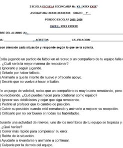 Hoja de ejercicios en español con preguntas situacionales de opción múltiple sobre el trabajo en equipo en el deporte. El alumno debe escribir su nombre, fecha y curso en la parte superior antes de responder a las preguntas.