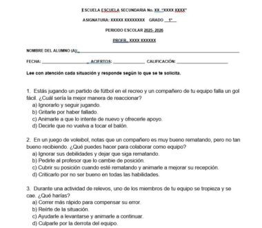 Hoja de ejercicios en español con preguntas situacionales de opción múltiple sobre el trabajo en equipo en el deporte. El alumno debe escribir su nombre, fecha y curso en la parte superior antes de responder a las preguntas.