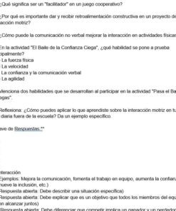 Hoja de ejercicios en español con preguntas de opción múltiple y de respuesta corta sobre los juegos cooperativos y la retroalimentación constructiva. Algunas respuestas están subrayadas o tienen hipervínculos, y las preguntas numeradas aparecen en forma de lista.