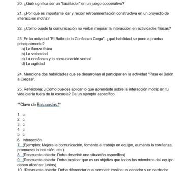 Hoja de ejercicios en español con preguntas de opción múltiple y de respuesta corta sobre los juegos cooperativos y la retroalimentación constructiva. Algunas respuestas están subrayadas o tienen hipervínculos, y las preguntas numeradas aparecen en forma de lista.