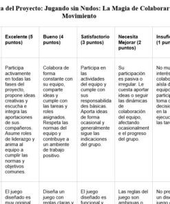 Una tabla de rúbricas para un proyecto titulado 