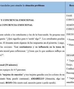 Una tabla presenta dos planes de lección para la conciencia emocional. En la parte izquierda se detallan las actividades y los tiempos; en la derecha se enumeran recursos como rotuladores y tarjetas de colores etiquetadas como VERDE, AMARILLO y ROJO.