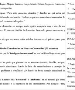 Captura de pantalla de un documento en español con instrucciones para una actividad sobre la identificación de emociones. Enumera emociones como la alegría y el miedo, los materiales necesarios y los pasos de la sesión, incluidas las instrucciones y los puntos de debate para los equipos.