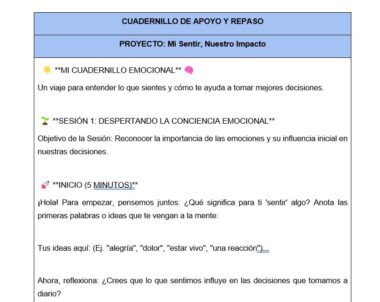 Una hoja de trabajo titulada "CUADERNILLO DE APOYO Y REPASO" con el proyecto "Mi Sentir, Nuestro Impacto". Presenta una sesión de reflexión emocional con emojis de flores y cerebros e instrucciones para registrar y reflexionar sobre los sentimientos.