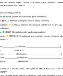 Hoja de trabajo en español para clasificar emociones como Alegría, Tristeza, Enojo, Miedo, Calma, Sorpresa, Confusión, Frustración, Entusiasmo y Preocupación, utilizando puntos de colores y campos de texto para las justificaciones.