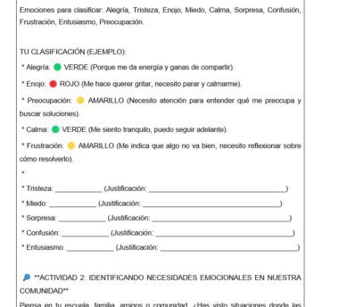 Hoja de trabajo en español para clasificar emociones como Alegría, Tristeza, Enojo, Miedo, Calma, Sorpresa, Confusión, Frustración, Entusiasmo y Preocupación, utilizando puntos de colores y campos de texto para las justificaciones.