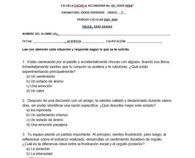 Hoja de ejercicios escolares en español con preguntas sobre emociones y valores. En la hoja de ejercicios se pide a los alumnos que lean situaciones hipotéticas y, a continuación, seleccionen la emoción, el valor o el concepto correspondiente entre varias opciones de elección múltiple.