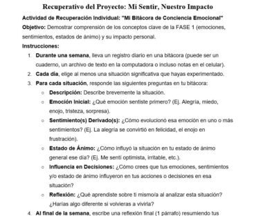 Una hoja de trabajo en español titulada "Recuperativo del Proyecto: Mi Sentir, Nuestro Impacto" describe las instrucciones para una actividad de autorreflexión emocional, con una lista de pasos e indicaciones para analizar las emociones cotidianas y su impacto.