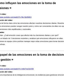 Captura de pantalla de un documento en español que muestra secciones sobre cómo influyen las emociones en la toma de decisiones. Incluye enlaces de YouTube, descripciones y actividades relacionadas con las emociones y su impacto en las decisiones y la gestión emocional.