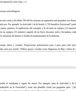 Un documento de texto en español describe las adaptaciones metodológicas para alumnos con TDAH, haciendo hincapié en sesiones cortas y divididas, instrucciones claras, ayudas visuales y orientación paso a paso para las actividades.