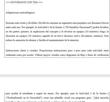 Un documento de texto en español describe las adaptaciones metodológicas para alumnos con TDAH, haciendo hincapié en sesiones cortas y divididas, instrucciones claras, ayudas visuales y orientación paso a paso para las actividades.