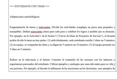 Un documento de texto en español con el título "ESTUDIANTE CON TDAH" en el que se debaten las adaptaciones metodológicas, incluido el desglose de tareas, la definición de miniobjetivos y el énfasis en la relevancia y el interés para los estudiantes con TDAH.