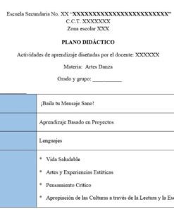 Una plantilla de plan de clase para una clase de danza artística muestra secciones de proyecto, metodología, campo formativo y ejes articulados, con contenidos como 