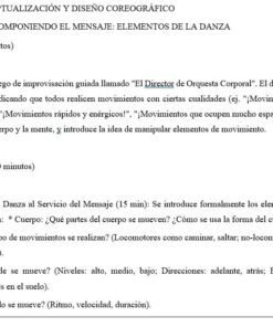 Un plan de clase en español detalla una actividad de improvisación de danza, con iconos que indican el inicio y el desarrollo de la lección, e incluye preguntas sobre los elementos del movimiento y sus formas.