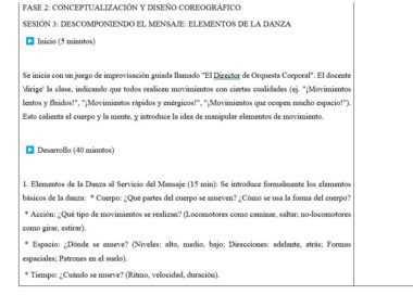 Un plan de clase en español detalla una actividad de improvisación de danza, con iconos que indican el inicio y el desarrollo de la lección, e incluye preguntas sobre los elementos del movimiento y sus formas.