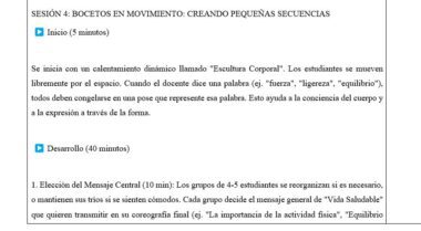 Captura de pantalla de un esquema de sesión en español titulado "SESIÓN 4: BOCETOS EN MOVIMIENTO: CREANDO PEQUEÑAS SECUENCIAS", con descripciones de actividades para "Inicio" (5 minutos) y "Desarrollo" (40 minutos).