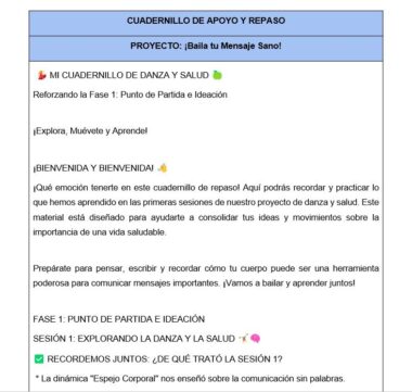 Un cuadernillo digital en español titulado "CUADERNILLO DE APOYO Y REPASO" para un proyecto de danza y salud, con emojis de colores y secciones que invitan a los alumnos a explorar, moverse y reflexionar sobre su primera sesión.
