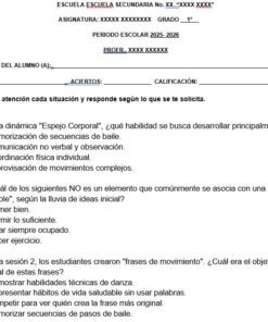 Hoja de trabajo escolar en español con preguntas de opción múltiple sobre conceptos de educación física, como secuencias, vida sana y movimiento corporal. Hay espacios en blanco para el nombre del alumno, la fecha y el curso.
