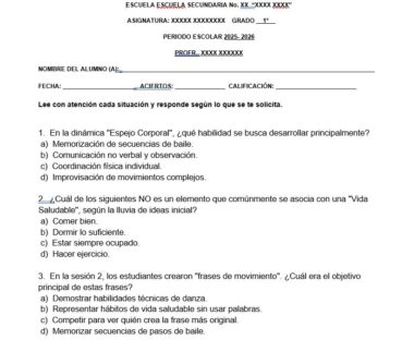 Hoja de trabajo escolar en español con preguntas de opción múltiple sobre conceptos de educación física, como secuencias, vida sana y movimiento corporal. Hay espacios en blanco para el nombre del alumno, la fecha y el curso.