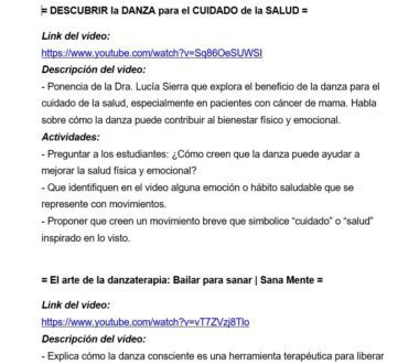 Captura de pantalla de un documento en español con descripciones de dos charlas sobre los beneficios de la danza para la salud. Cada entrada incluye un enlace a YouTube, un resumen de la charla y preguntas o actividades clave para los alumnos.
