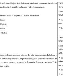 Captura de pantalla de un plan de clase educativo en español. La izquierda contiene una lista de los contenidos de la lección y las actividades de cierre sobre las tarjetas de patrimonio visual. A la derecha se describen las fases del proyecto, las actividades y los materiales necesarios, como rotuladores y papel.