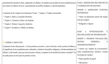 Captura de pantalla de un plan de clase educativo en español. La izquierda contiene una lista de los contenidos de la lección y las actividades de cierre sobre las tarjetas de patrimonio visual. A la derecha se describen las fases del proyecto, las actividades y los materiales necesarios, como rotuladores y papel.