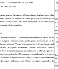 Captura de pantalla de un plan de clase en español en el que se detallan actividades para explorar la diversidad cultural, incluidos debates en grupo sobre los antecedentes culturales de los alumnos, exploración artística y preparación para la presentación de un proyecto.
