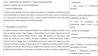 Captura de pantalla de un plan de clase en español en el que se detallan actividades para explorar la diversidad cultural, incluidos debates en grupo sobre los antecedentes culturales de los alumnos, exploración artística y preparación para la presentación de un proyecto.