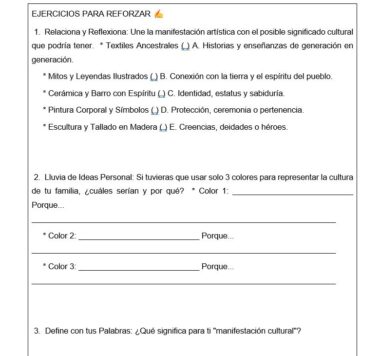 Hoja de trabajo en español titulada "EJERCICIOS PARA REFORZAR" con ejercicios sobre manifestaciones culturales, ideas personales utilizando tres colores y definición de "manifestación cultural". Se proporcionan espacios en blanco para las respuestas de los alumnos.