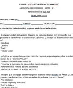Hoja de trabajo escolar en español en la que se pide a los alumnos que respondan a preguntas sobre manifestaciones artísticas, patrimonio y cultura yoruba, incluyendo opciones de elección múltiple. La cabecera muestra marcadores de posición para información sobre la escuela, el profesor y el alumno.