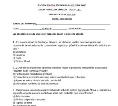Hoja de trabajo escolar en español en la que se pide a los alumnos que respondan a preguntas sobre manifestaciones artísticas, patrimonio y cultura yoruba, incluyendo opciones de elección múltiple. La cabecera muestra marcadores de posición para información sobre la escuela, el profesor y el alumno.