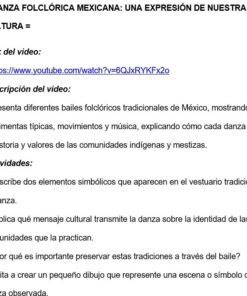 Documento en español sobre la danza folclórica mexicana, que incluye un enlace a YouTube, una descripción en vídeo de los bailes tradicionales y una lista de actividades culturales y de debate relacionadas.